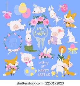 Easter Set with Cute White Bunnies, Gooses, Sheeps, Foxes and Easter Eggs