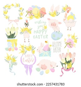 Easter Set with Cute White Bunnies, Gooses, Sheeps and Easter Eggs