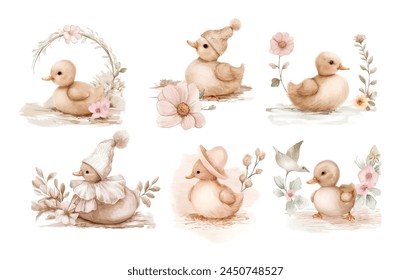 Set de Pascua con lindos patitos blancos, gansos, flores y huevos de Pascua. Ilustración de acuarela