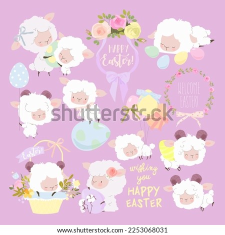 Easter Set with Cute White Sheeps and Easter Eggs