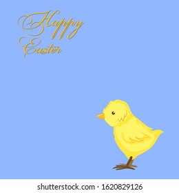Easter set. Cute yellow chicken on a blue background. With space for copy text. Vector illustration for design for greeting card, banner, packaging.