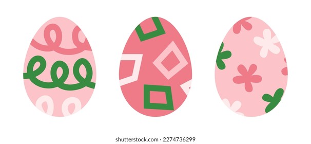 Easter set with decoration and ornament. Springtime holiday symbols pink green collection. Egg hunt  Vector abstract graphic modern flat.