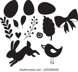 Easter set of decorative silhouette illustration on white background. Happy Easter template with eggs leaves rabbit and chick. Vector illustration