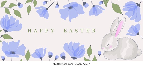 Easter set. Delicate blue flowers with an elegant holiday greeting, minimalistic artistic design, nature-inspired spring theme, soft pastel tones, peaceful seasonal illustration