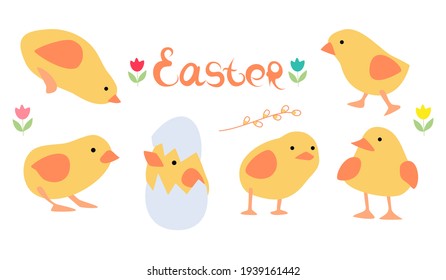 Easter Set design elements with chickens  twig willow spring flower tulips lettering cartoon doodle Easter collection Isolated element. Vector illustration.