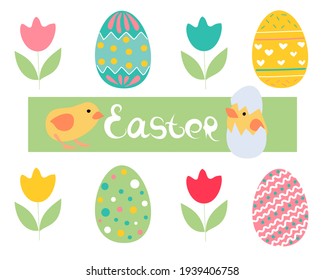 Easter Set design elements with Chickens Easter Eggs spring flower tulips lettering cartoon doodle Easter collection Isolated element. Vector illustration.