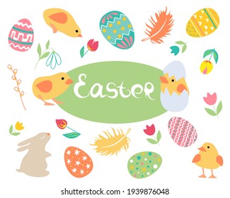 Easter Set design elements with Chickens Easter Eggs easter Bunny Snowdrop spring flower tulips lettering cartoon doodle Easter collection Isolated element. Vector illustration.