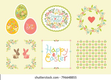 Easter set of design elements in pastel colors. Gentle seamless pattern and frame for announcements, greeting cards, posters, advertisement. Vector illustration with bunnies