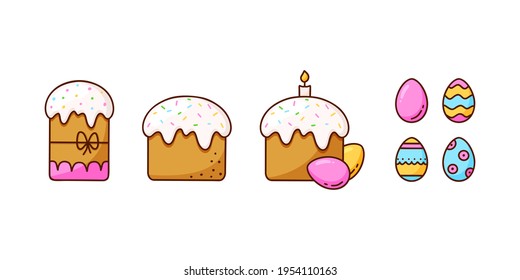 Easter set. Different cakes with icing, sprinkles and decorated eggs. Color doodle icon. Hand drawn illustration of traditional food. Linear isolated vector on white background