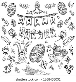 Easter set doodle rabbit eggs bird flowers  