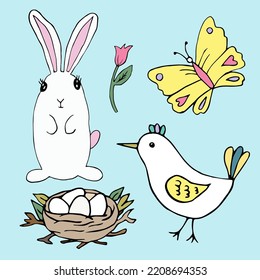 Easter set doodle style. Happy easter hand drawn nest, egg and bunny vector isolated on blue background.