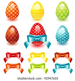 easter set egg with flower pattern and colorful bows. vector illustration.