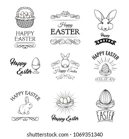 Easter set. Eggs, Bird nest, Bunny, Egg holder, Basket. Easter holiday symbols. Swirls, decoration filigree ornate frame Vector Happy Easter inscription