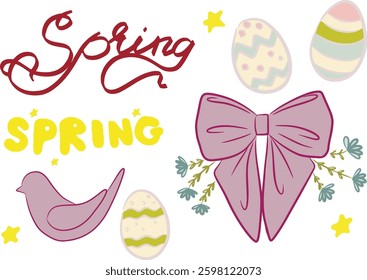 Easter set with eggs bow lettering clip art