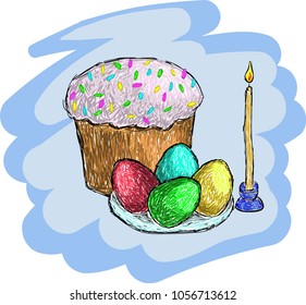 Easter set: eggs, bread, candle.
