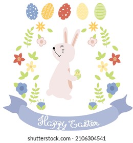 Easter set with eggs, bunnies and flowers in pastel colors. Happy Easter greetings text. Design for title for the site ,banner, poster, card, paper print, postcard, background.
