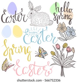 Easter set with easter eggs, bunny, flowers, butterflies, snail, tulips and lettering hand drawn on white background. Stock vector.

