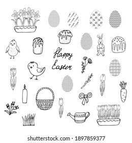 Easter set. Eggs, Easter cakes, chicken, basket, candle, flowers, tulips, daffodils, onions, pussy willow, watering can.