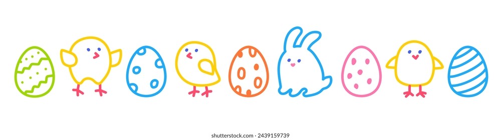 Easter set of eggs, chicks and bunny. Child's hand drawing, doodles on a white background.