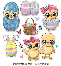 Easter set with eggs and Cute Cartoon Chickens