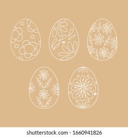 Easter set of eggs decorated with flowers, patterns and leaves. Line art style. Stock illustration. White eggs on a beige background.