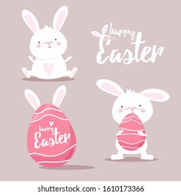 Easter set: eggs, festive rabbit, the inscription "Easter". Vector illustration. Isolated background, flat design. Concept: holiday cards, banner icons, website, children's decorations, spring.