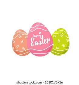 Easter set: eggs, festive rabbit, the inscription "Easter". Vector illustration. Isolated background, flat design. Concept: holiday cards, banner icons, website, children's decorations, spring.