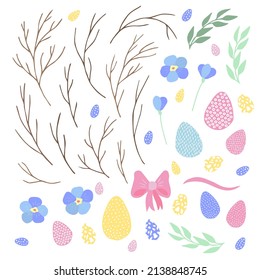 Easter set with Easter eggs, flowers, leaves and branches on white background. Decorative frame with violet elements. Unique design for your greeting cards, banners, flyers. Vector in modern style.