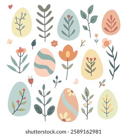 Easter set, eggs, flowers, leaves.Colorful, simple, flat, Vector