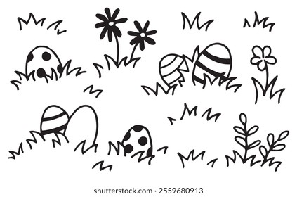 Easter set with eggs and flowers. simple illustration in doodle style, coloring book