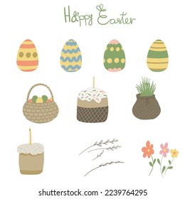 Easter set with eggs grass and branches