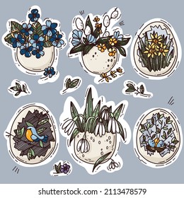 Easter set with easter eggs hand drawn. Decorative doodle illustration from Easter eggs and floral elements, and nice bird. Easter greeting card.