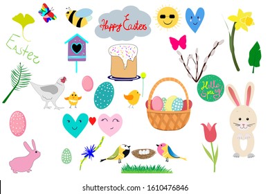 Easter set. Eggs, willow, nest, tulip, flower, narcissus, rabbit, bunny, chicks , 
tit bird, birdhouse, butterfly, leaf, cloud, rainbow droplets, ladybug, wicker basket, bee,  vector isolated on white