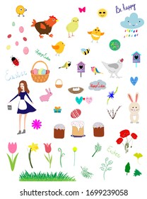 Easter set. Eggs, willow, nest, tulip, flower, narcissus, rabbit, 
milkmaid girl, chicks, tit birds, birdhouse, butterfly, leaf, cloud, rainbow droplets, ladybug, wicker basket, bee, vector isolated 