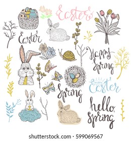 Easter set with easter eggs,bunny,flowers, butterflies,snail,tulips and lettering hand drawn on white background. Stock vector	
