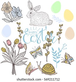 Easter set with easter eggs,bunny,flowers, butterflies,snail,tulips,verba and lettering hand drawn on white background. Stock vector.
