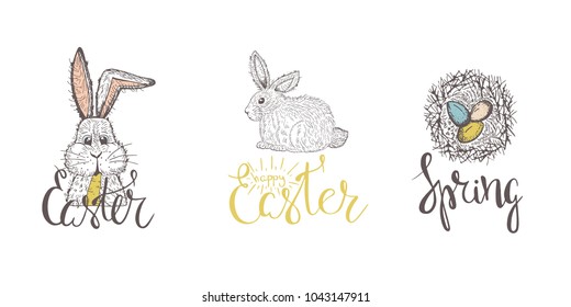Easter set with easter eggs,bunny,flowers, butterflies,verba and lettering hand drawn on white background. Stock vector	

