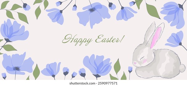 Easter set. Elegant floral frame with a sleeping rabbit, soft blue flowers, delicate pastel tones, peaceful spring atmosphere, festive holiday greeting, nature-inspired artwork