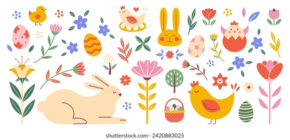 Diseño de estilo folk minimalista de elementos de la Semana Santa. Conejo, huevos teñidos, polluelos, flores de colores. Símbolo de decoración abstracta de primavera. Ilustración del vector