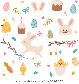 Easter set featuring bunnies, chicks, decorated eggs, festive cakes, carrots, ribbons, and branches arranged on a light background. Suitable for greeting cards, invitations, prints, packaging, and hol