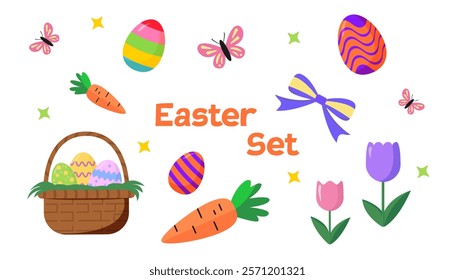 Easter set featuring colorful eggs, carrots, flowers, and butterflies in flat design style on white background, celebrating springtime joy