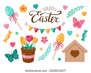 Easter. Set of festive elements. Vector illustration.