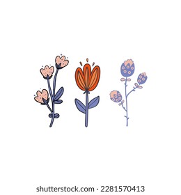 Easter set of flowers. Easter holiday drawings or stickers collection for postcards and decor.