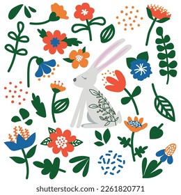 Easter set with flowers and rabbit on a white background. Festive clip art with hare or bunny