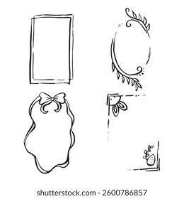 Easter set frames of cute cards or posters in style doodle. Hand drawn whimsical frames with bows and ribbons, rabbit, eggs. Vector template for holiday.