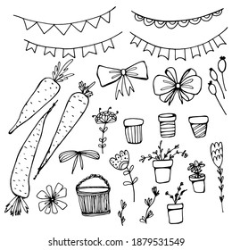 Easter set. Garland with flags, carrots, flowers, Happy Easter. Hand-drawn ink graphics. Coloring book for children and adults. for textiles, design, packaging, paper. Isolate. Stock graphics.