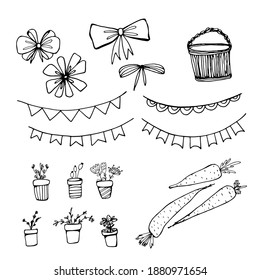 Easter set. Garland with flags, carrots, flowers, Happy Easter. Hand-drawn ink graphics. Coloring book for children and adults. for textiles, design, packaging, paper. Isolate. Stock graphics.