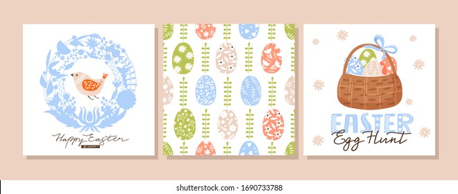 Easter set of greeting card. Cute bird, egg, flower, leaves and lettering composition. Vector illustration for holiday card, scrapbook, invitation, poster, flyer etc.
