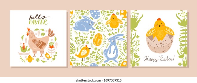 Easter set of greeting card. Cute rabbit, chicken, hen, egg, flower, leaves and lettering composition. Vector illustration for holiday card, scrapbook, invitation, poster, flyer etc.