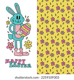 Easter set for greeting card. Spring floral background and groovy retro cartoon bunny character. Lineat flat vector illsutartion